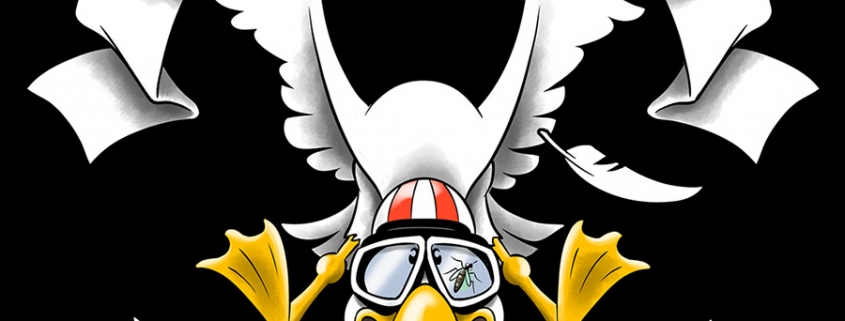 Dessin représentant un goéland de face, ailes écartées et pattes en avant façon aigle. Il a un casque de moto et des lunettes d'aviateur sur lesquelles est collé un moustique.
